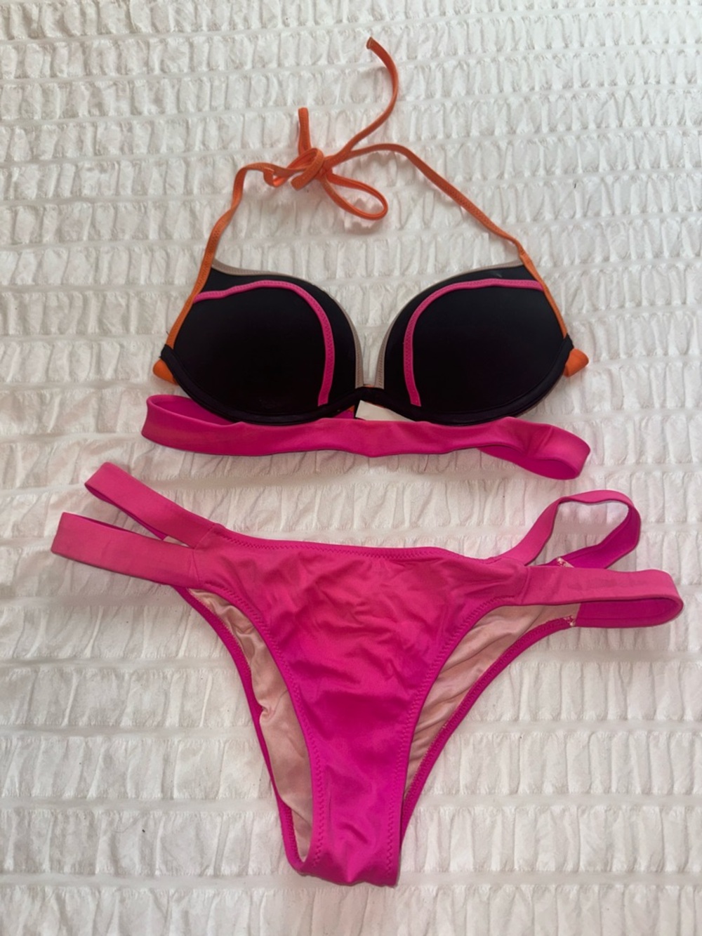 Victoria's Secret Pink and Black Bikini with Orange Trim